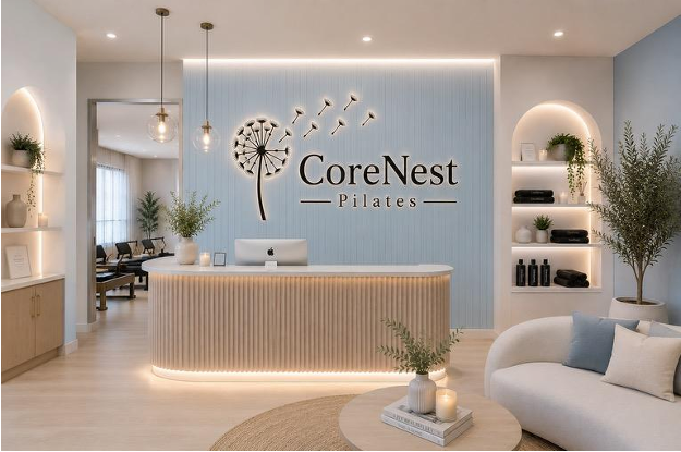 CoreNest Pilates reception with the dandelion logo on a light blue accent wall, curved reception desk, and warm pendant lighting