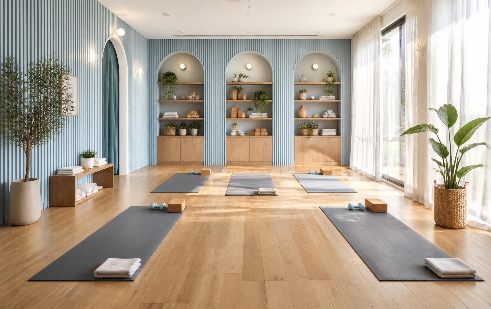 A calm Pilates studio interior with soft window light and a light pink and blue palette