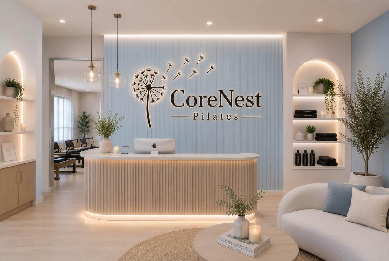 CoreNest Pilates reception with a light blue accent wall, curved reception desk, and the dandelion logo